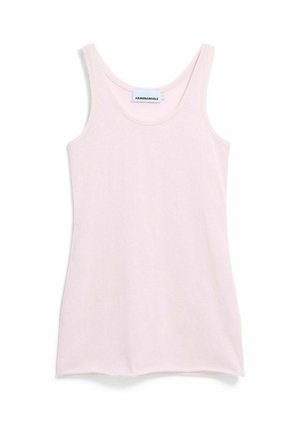 Hellrosa Tanktop mit rundem Ausschnitt, schmalen Schulterträgern und figurbetonter Silhouette, hergestellt aus weichem, atmungsaktivem Stoff.