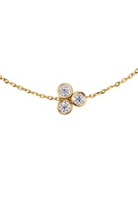 Kultasävyinen kaulakoru, jossa on kolme pyöreää, reunuksella asetettua kirkasta jalokiveä. Ketjun lenkit ovat hentojakin ja ketjumaisia, luoden elegantin designin.