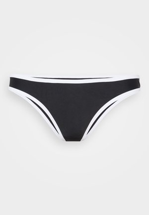 Zwarte bikini onderkant met witte afwerking en zijkanten. Glad materiaal, low-rise ontwerp en minimale bedekking. Geschikt voor zwemkleding.