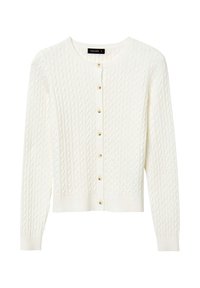 Cardigan bianco in maglia con motivo a treccia, scollatura rotonda e sette bottoni dorati sulla parte anteriore. Maniche lunghe, lunghezza cropped.