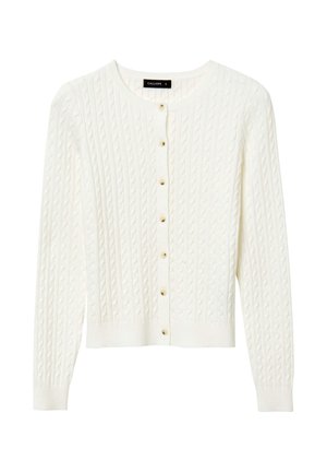 Cardigan bianco in maglia con motivo a treccia, scollatura rotonda e sette bottoni dorati sulla parte anteriore. Maniche lunghe, lunghezza cropped.