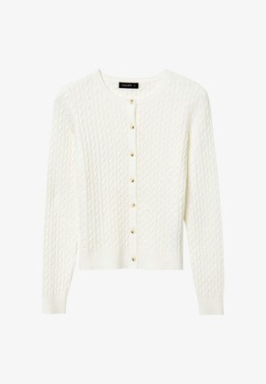 Weißer Strickcardigan mit Kabelmuster, Rundhalsausschnitt und sieben goldfarbenen Knöpfen vorne. Lange Ärmel, cropped Länge.