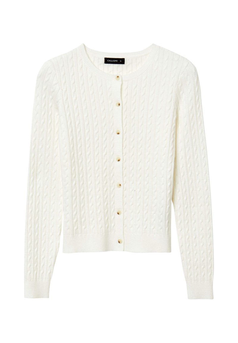 Cardigan bianco in maglia con motivo a treccia, scollatura rotonda e sette bottoni dorati sulla parte anteriore. Maniche lunghe, lunghezza cropped.