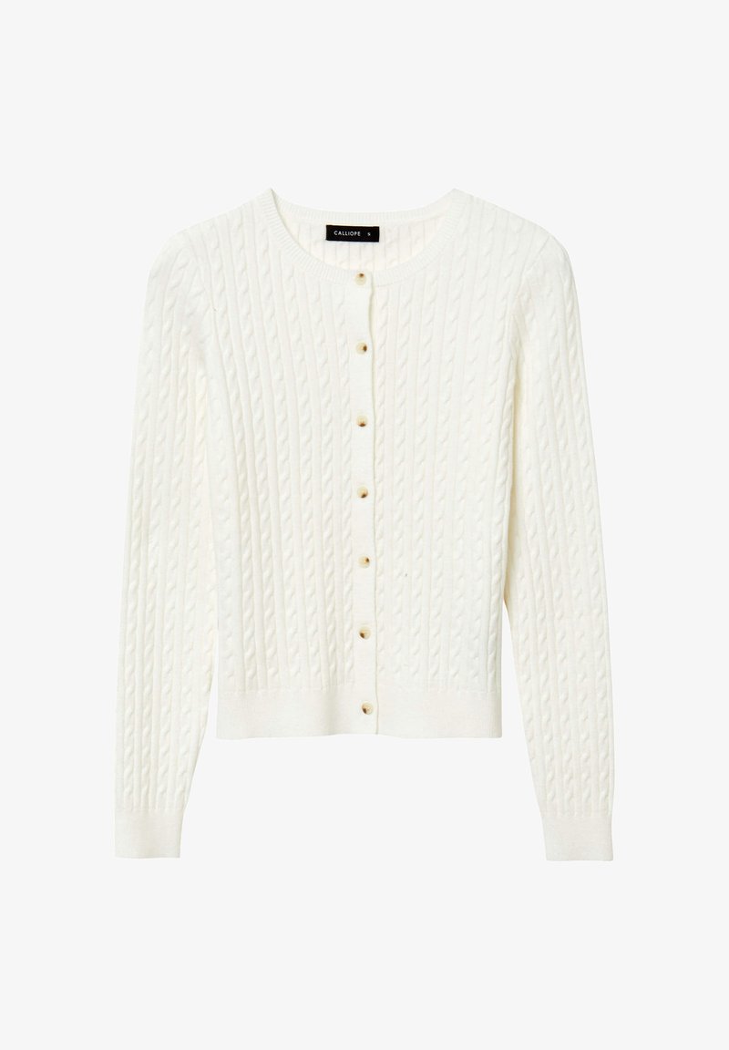 Cardigan bianco in maglia con motivo a treccia, scollatura rotonda e sette bottoni dorati sulla parte anteriore. Maniche lunghe, lunghezza cropped.