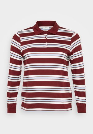 Burgundowa koszulka polo z długim rękawem, w białe i jasnoniebieskie paski, z kołnierzykiem i zapinana na guziki. Wykonana z miękkiej bawełny.