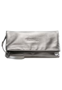 Metallinen hopeanvärinen clutch-laukku, jossa on sileä pinta, suorakulmainen muoto ja irrotettava hihna. Varustettu taitettavalla läpällä ja painetulla logolla.