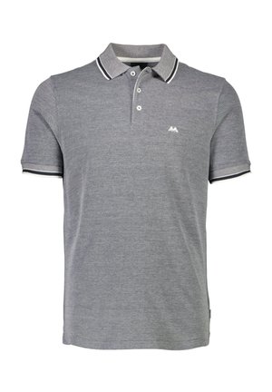 Polo grigio realizzato in misto cotone. Presenta un'apertura con tre bottoni, colletto a righe bianche e nere e un piccolo logo di montagna sul petto.