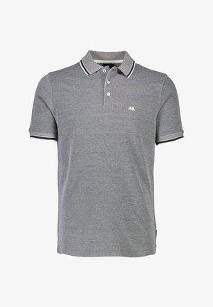 Polo grigio realizzato in misto cotone. Presenta un'apertura con tre bottoni, colletto a righe bianche e nere e un piccolo logo di montagna sul petto.