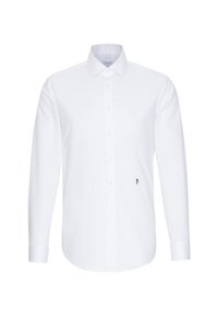 Witte lange mouwen shirt met een kraag, zwart geborduurd bloemenmotief aan de linkerkant en een knoopsluiting aan de voorkant. Gladde, effen stof.