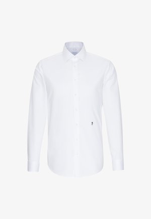 Hvid langærmet skjorte med krave, sort broderet blomsterdetalje på venstre side og knaplukning foran. Glat, ensfarvet stof.