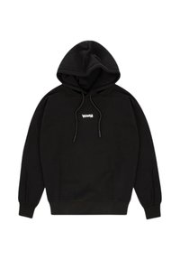 Felpa nera con cappuccio, dotata di lacci, e piccolo logo bianco centrato sul petto, maniche lunghe e polsini e orlo a coste.