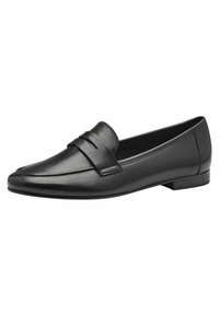 Zwarte leren loafers met een gladde afwerking, een rechte neuzen, een decoratieve band over de wreef en een lage, platte hak.