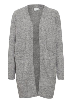 Grijze open voorkaartigan van zacht gebreid materiaal, met twee voorzakken, lange mouwen en een ontspannen pasvorm.