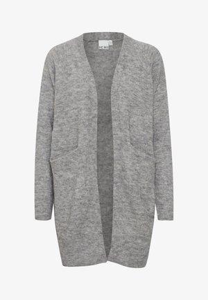 Grijze open voorkaartigan van zacht gebreid materiaal, met twee voorzakken, lange mouwen en een ontspannen pasvorm.