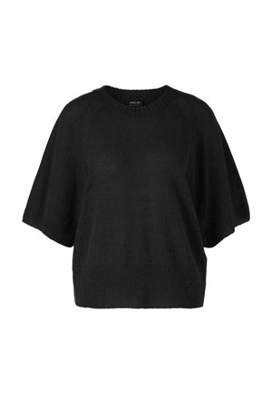 Black, short-sleeve sweater made of a soft knit material. Features a round neckline and a loose, boxy silhouette.