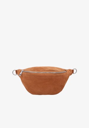 Braune Wildleder-Gürteltasche mit silbernem Reißverschluss und Metallringen auf jeder Seite, zum Tragen um die Taille oder quer über den Körper entworfen.