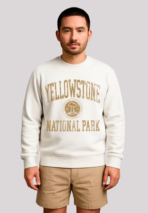 Cream sweatshirt featuring a large, faded gold print reading "YELLOWSTONE NATIONAL PARK" and a circular logo. Ribbed cuffs and hem.