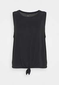 Zwarte tanktop van textiel, met een ronde hals en een geknoopt detail aan de onderkant voor een relaxte pasvorm.