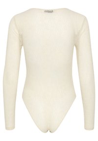 Crèmekleurige lange mouwen kant bodysuit met bloemmotieven en een hoge halslijn, van achteren gezien.