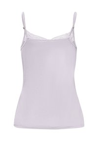 Lys lilla stroppetop med justerbare stropper, blonder omkring halsudskæringen, glat tekstur og tætsiddende pasform. Ingen synlige metaldele.