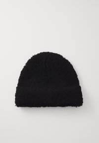 Zwarte beanie gemaakt van gestructureerde, fuzzy stof met een omgeslagen rand. Heeft een ronde bovenkant en een zachte oppervlakte. Geschikt voor koud weer.