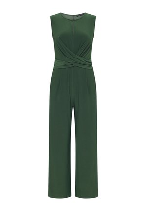 Ärmelloser, dunkelgrüner Overall mit weitem Bein, rundem Ausschnitt, vorderer Schlüsselloch-Öffnung und verdrehtem Stoffdetail an der Taille.