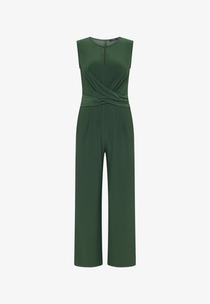 Mouwloze donker groene jumpsuit met wijde pijpen, ronde halslijn, keyhole aan de voorkant en een gedraaide stofdetail bij de taille.