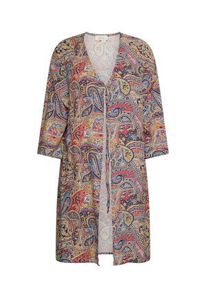 Lang, åben-front kimono med et farverigt paisley-mønster i blå, rød og guld, med trekvartærmer og snorelukning.