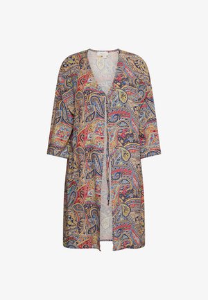 Lang, åben-front kimono med et farverigt paisley-mønster i blå, rød og guld, med trekvartærmer og snorelukning.