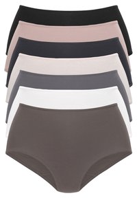 Set of seven pairs of cotton panties in varying colors: black, light pink, dark gray, light gray, white, and brown. Soft fabric, high-waisted design.