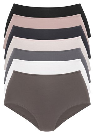 Set aus sieben Paar Baumwollunterhosen in verschiedenen Farben: schwarz, hellrosa, dunkelgrau, hellgrau, weiß und braun. Weicher Stoff, hochgeschnittenes Design.