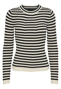 Pull en maille côtelée rayé horizontal noir et blanc avec manches longues et col rond.