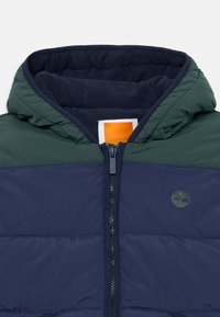Giacca a vento imbottita con cappuccio verde, corpo blu navy, zip blu navy e foderato in pile. Presenta un logo sul lato sinistro del petto e un'etichetta quadrata all'interno.