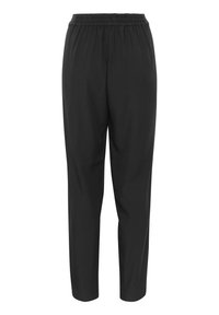 Pantalons noirs à taille élastique avec une coupe décontractée. Texture lisse, jambes fuselées, sans poches ni éléments visibles. Design minimaliste.