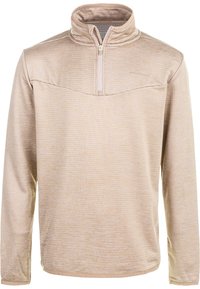 Pullover beige a maniche lunghe con zip a quarti e colletto dolcevita, realizzato in tessuto testurizzato, etichettato "Endurance" sul petto.
