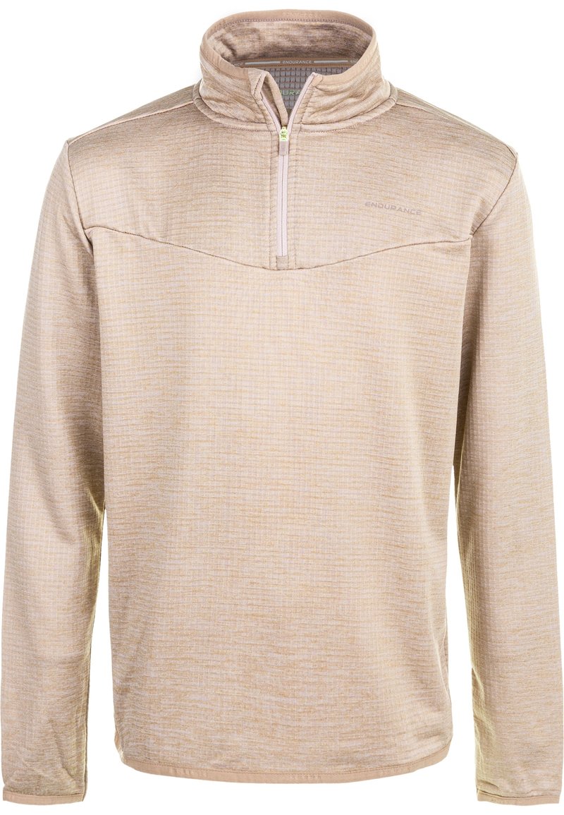 Pullover beige a maniche lunghe con zip a quarti e colletto dolcevita, realizzato in tessuto testurizzato, etichettato "Endurance" sul petto.