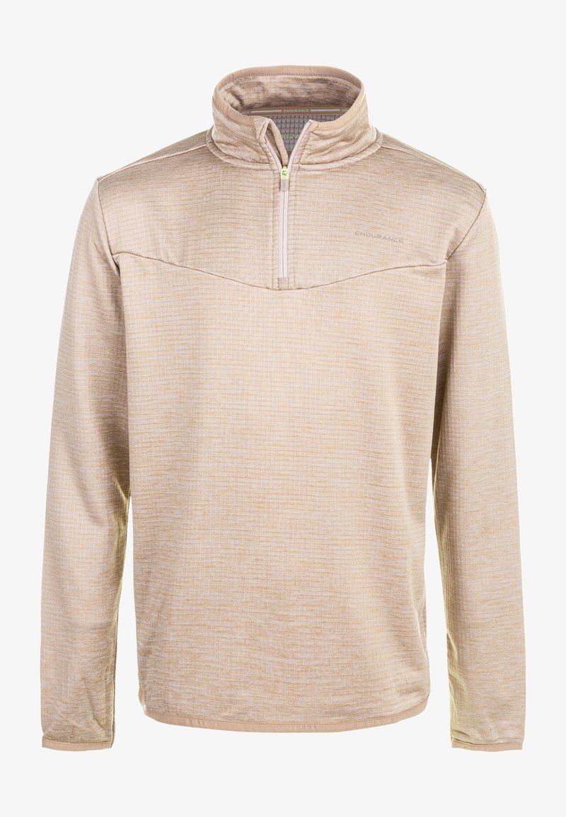 Pullover beige a maniche lunghe con zip a quarti e colletto dolcevita, realizzato in tessuto testurizzato, etichettato "Endurance" sul petto.
