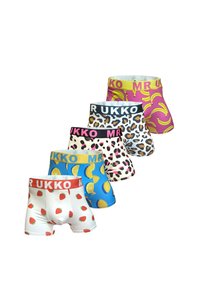 Fem par herrboxershorts med olika mönster, inklusive frukt, bananer och djurmönster, med färgglada elastiska midjeband.