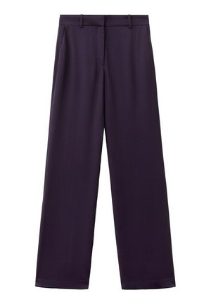 Pantalones de pierna recta de color púrpura oscuro con trabillas para cinturón, bolsillos delanteros y cierre frontal oculto.