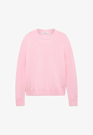 Suéter de color rosa claro hecho de una tela suave; cuenta con un escote redondo, mangas largas y un dobladillo inferior acanalado. Diseño simple y minimalista.