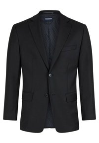 Schwarzer Blazer aus glattem Stoff, einreihig mit zwei Knöpfen, mit Reverskragen und seitlichen Taschen. Das Futter weist ein dezentes Muster auf.