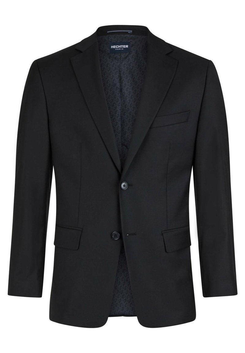 Schwarzer Blazer aus glattem Stoff, einreihig mit zwei Knöpfen, mit Reverskragen und seitlichen Taschen. Das Futter weist ein dezentes Muster auf.