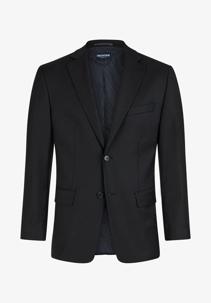 Czarna marynarka w gładkim materiale, jednorzędowa, z dwoma guzikami, z klapami i kieszeniami po bokach. Wnętrze podszewki ma subtelny wzór.