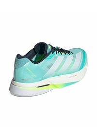 Lightweight running shoe with a turquoise mesh exterior, white stripes, and a cushioned white midsole featuring a yellow-green accent.