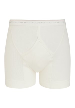 Witte geribde boxershorts voor mannen met een elastische tailleband met logo, voorzien van een gevormde pouch en een gladde textuur.