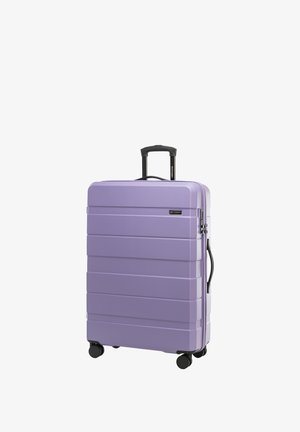 Valigia rigida di colore viola chiaro. Presenta righe orizzontali, una maniglia telescopica, quattro ruote e una maniglia laterale per un facile trasporto.