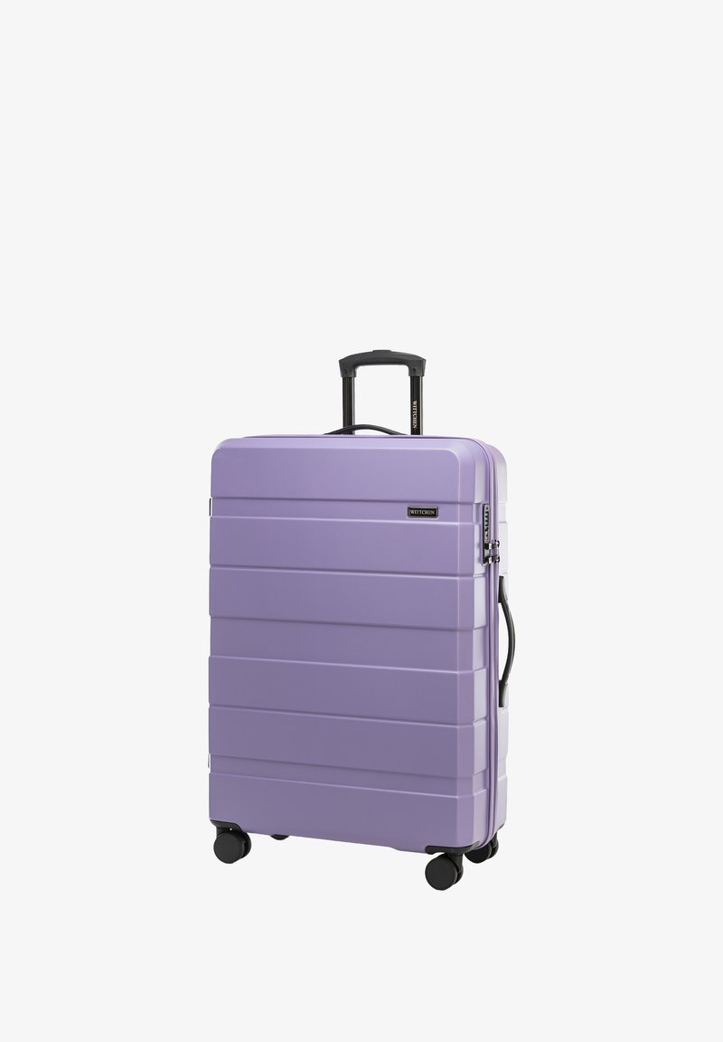 Valigia rigida di colore viola chiaro. Presenta righe orizzontali, una maniglia telescopica, quattro ruote e una maniglia laterale per un facile trasporto.