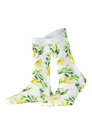 White socks with yellow lemon and green leaf patterns, mid-calf length, shown side by side on a white background.