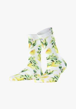 White socks with yellow lemon and green leaf patterns, mid-calf length, shown side by side on a white background.