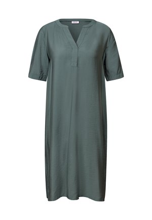 Green knee-length dress made of smooth fabric, featuring a V-neck and short rolled sleeves. Simple design with no patterns or embellishments.